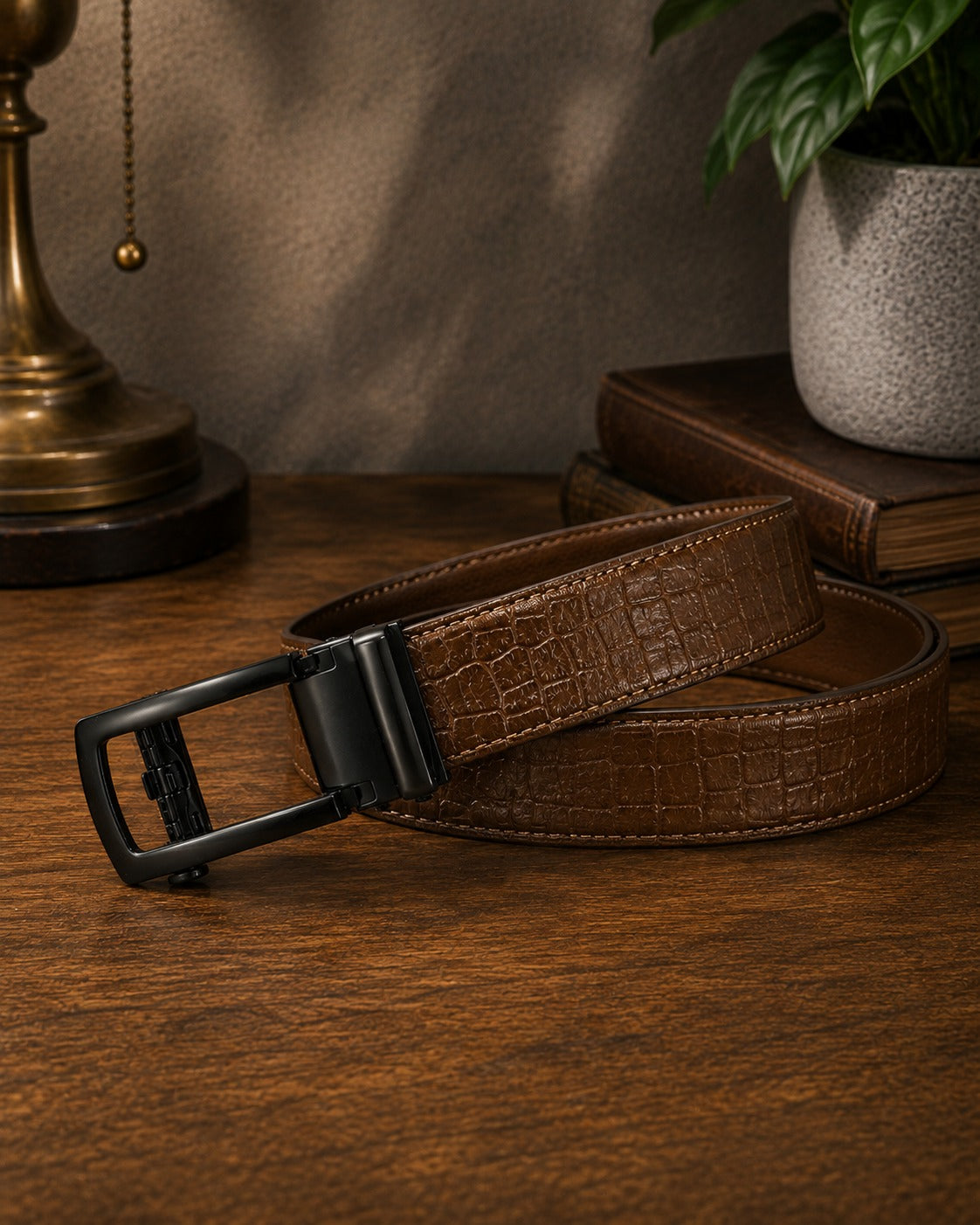 Automatic Lock Buckle Leather Belt – Crocodile Pattern