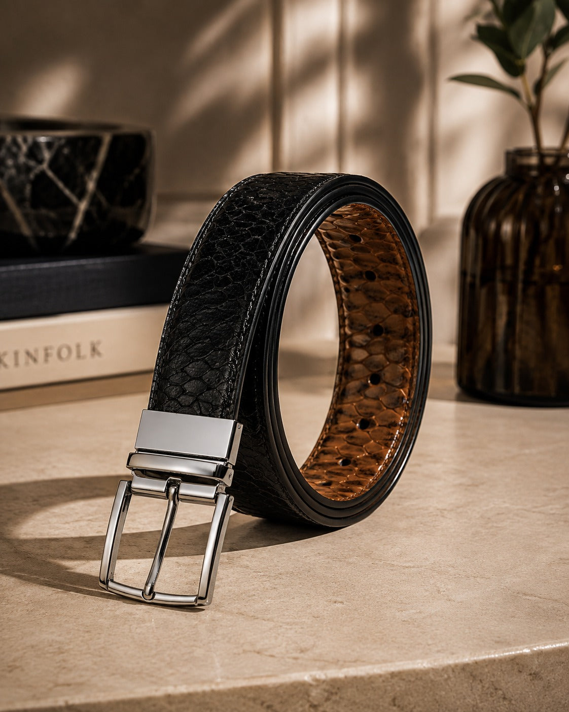 Double Sided Leather Belt with Zinc Alloy Buckle - Crocodile Pattern