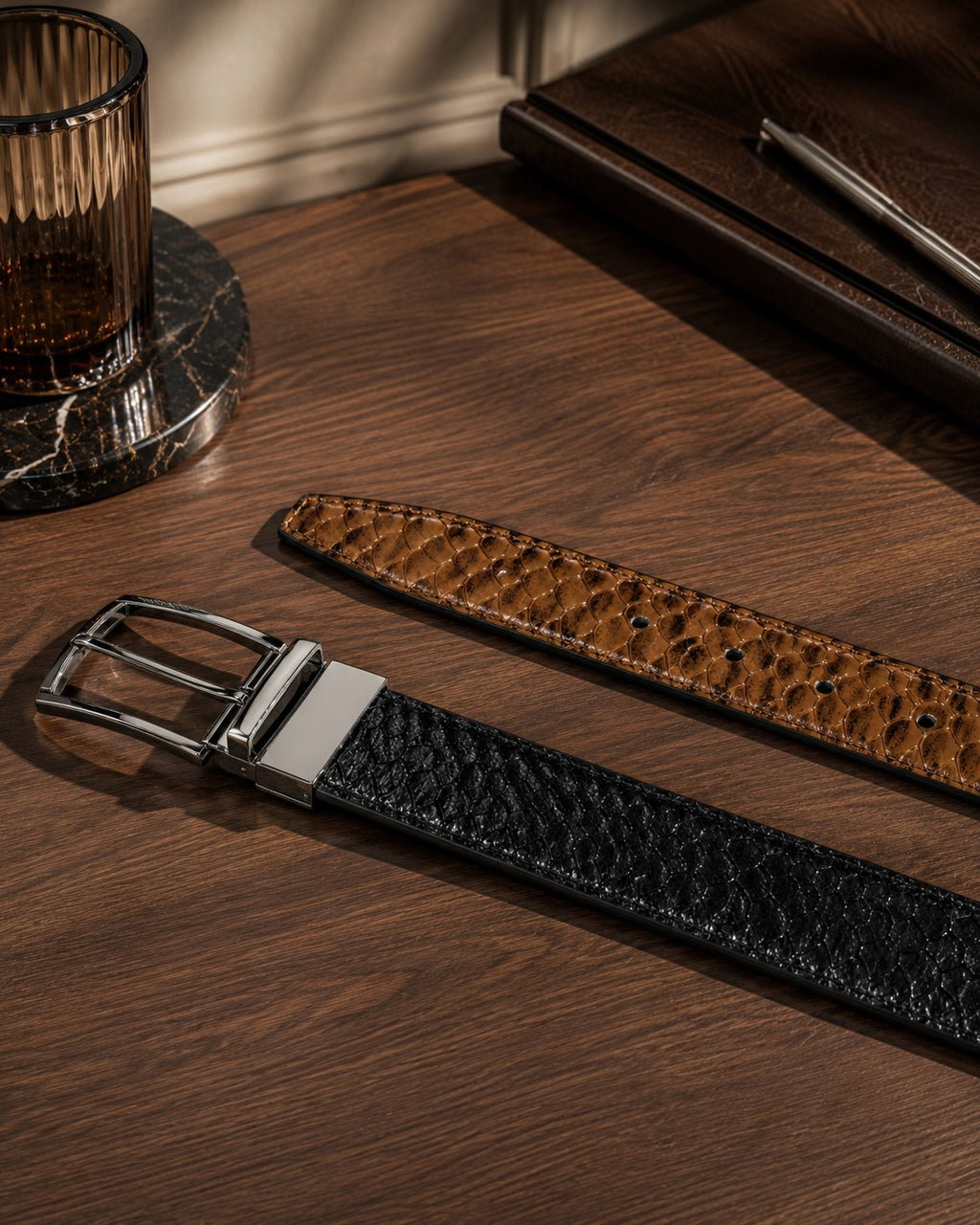 Double Sided Leather Belt with Zinc Alloy Buckle - Crocodile Pattern