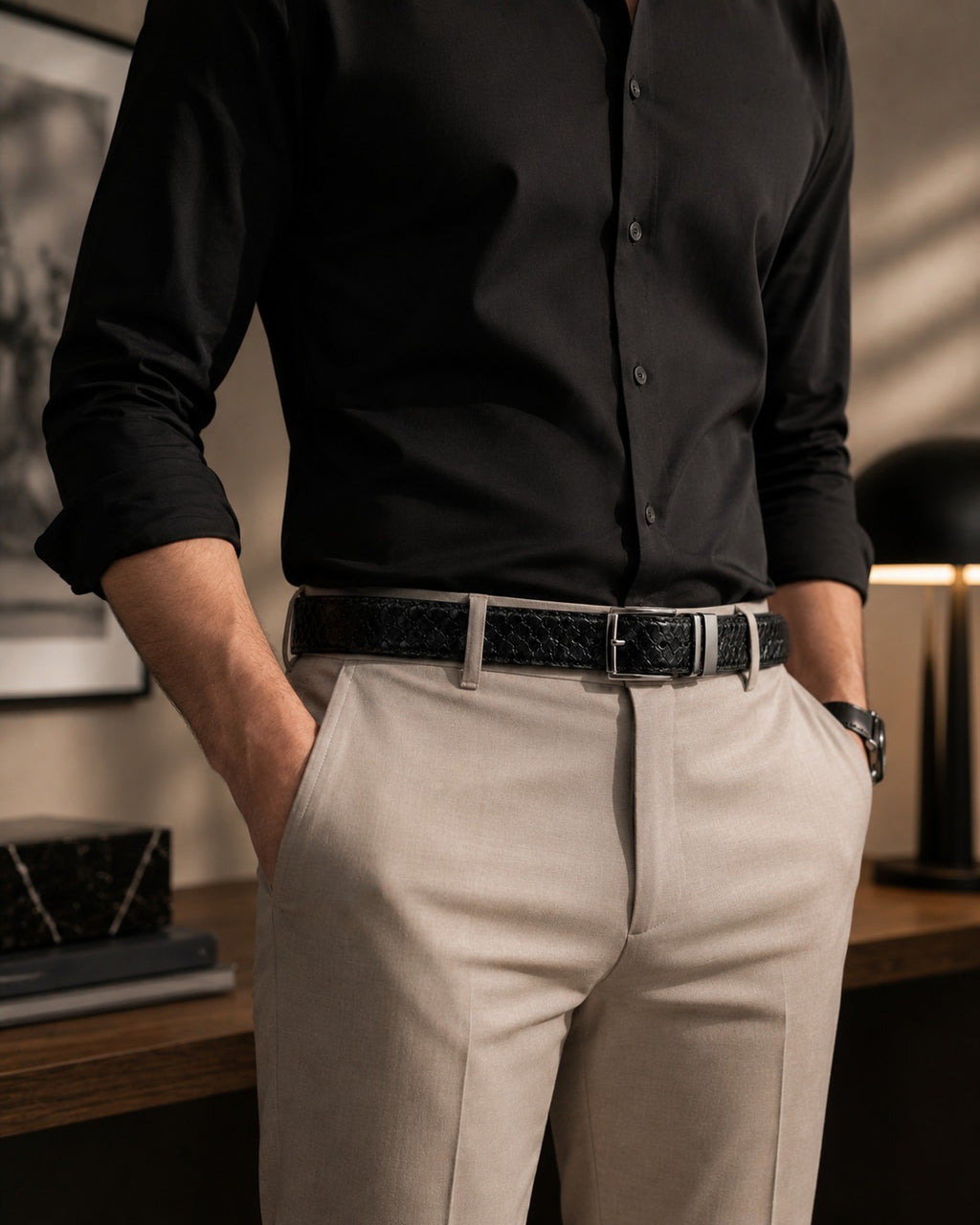 Double Sided Leather Belt with Zinc Alloy Buckle - Crocodile Pattern